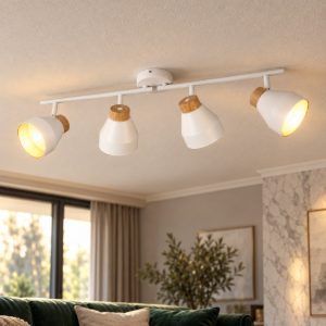 Plafoniera con 4 faretti orientabili moderna bianca oro con effetto legno