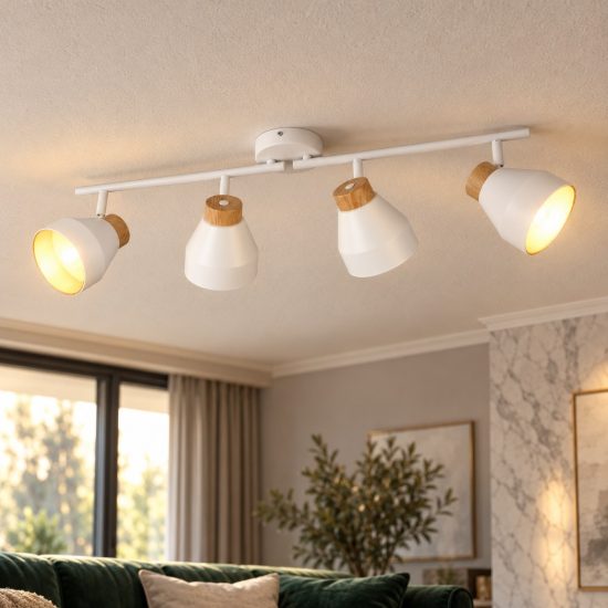 Plafoniera con 4 faretti orientabili moderna bianca oro con effetto legno