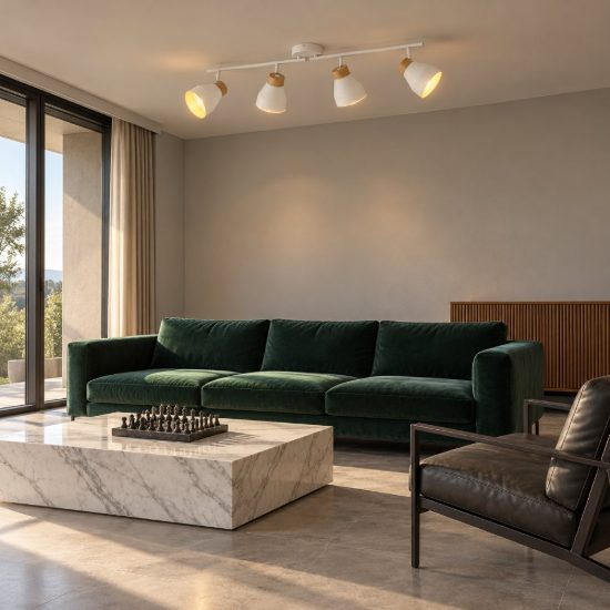 Plafoniera con 4 faretti orientabili moderna bianca oro con effetto legno