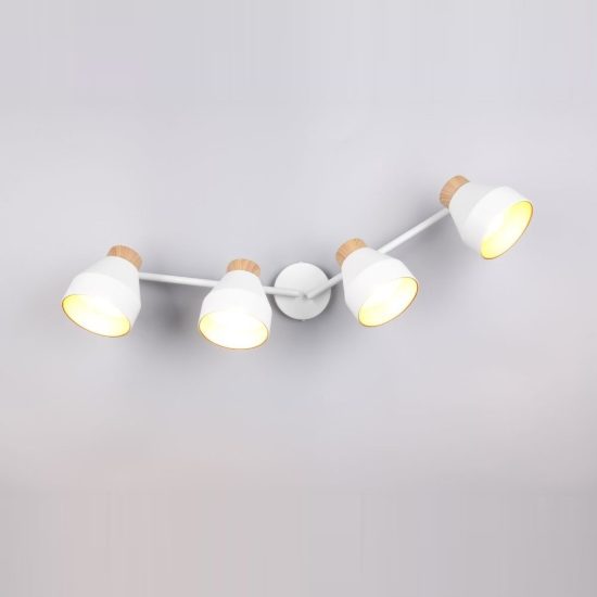 Plafoniera con 4 faretti orientabili moderna bianca oro con effetto legno