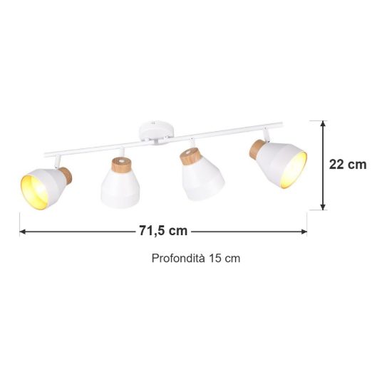 Plafoniera con 4 faretti orientabili moderna bianca oro con effetto legno