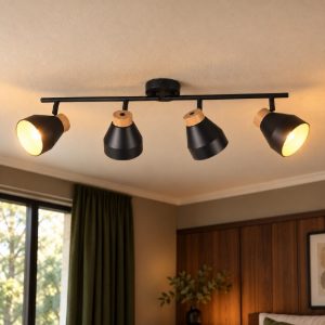Plafoniera con 4 faretti orientabili moderna nera oro con effetto legno
