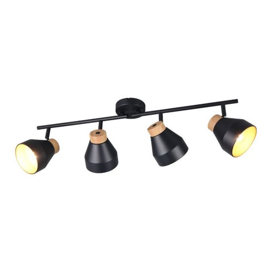 Plafoniera con 4 faretti orientabili moderna nera oro con effetto legno