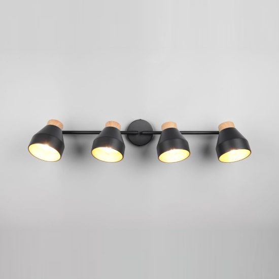 Plafoniera con 4 faretti orientabili moderna nera oro con effetto legno