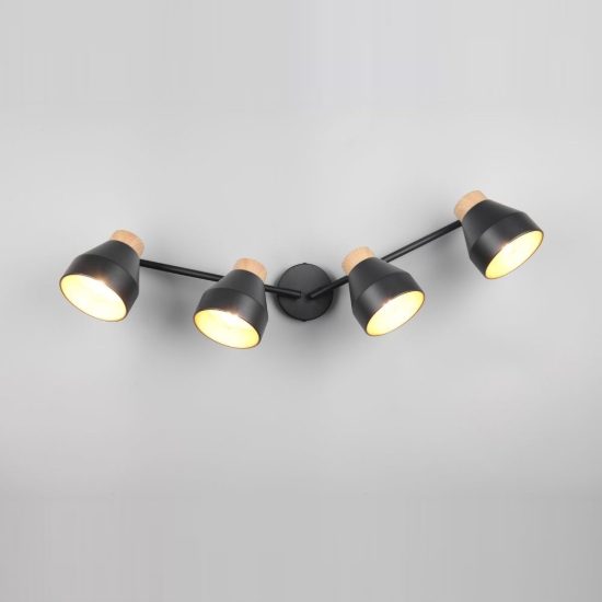 Plafoniera con 4 faretti orientabili moderna nera oro con effetto legno