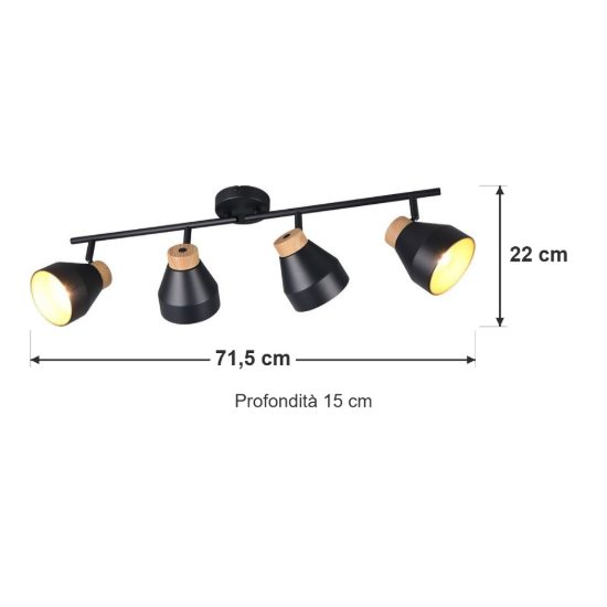 Plafoniera con 4 faretti orientabili moderna nera oro con effetto legno
