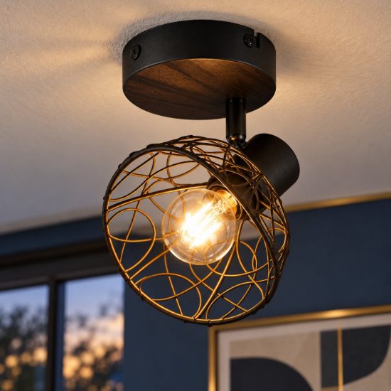 Faretto da soffitto per sala da pranzo orientabile moderno nero con diffusore in metallo lavorato