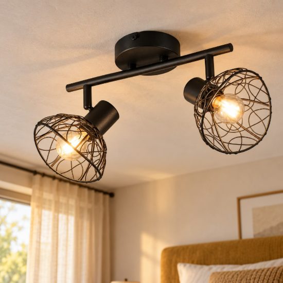 Plafoniera con 2 faretti orientabili moderna nera con diffusori in metallo lavorato