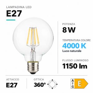 Lampadina e27 led 8w 4000k globo trasparente ideal lux