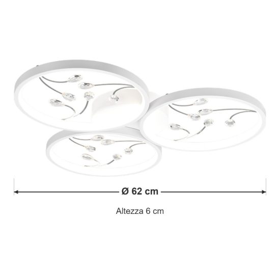 Plafoniera led 30w 4000k per soggiorno moderna a 3 cerchi bianca con decori a gemme trasparenti