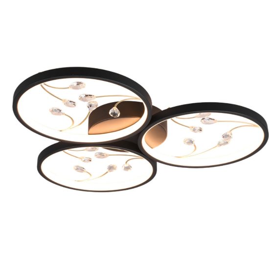 Plafoniera led 30w 3000k per soggiorno moderna a 3 cerchi nera con decori a gemme trasparenti