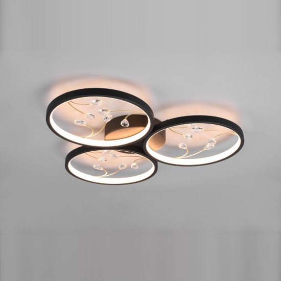 Plafoniera led 30w 3000k per soggiorno moderna a 3 cerchi nera con decori a gemme trasparenti