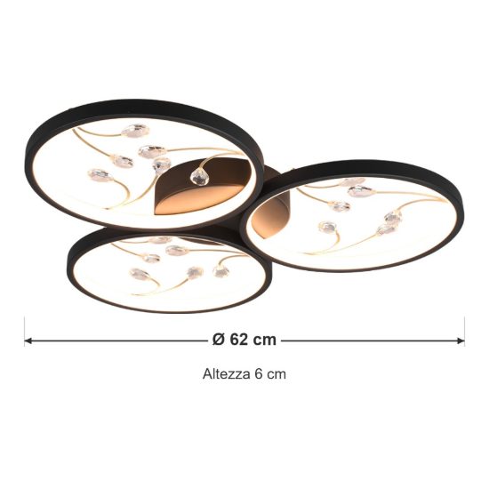 Plafoniera led 30w 3000k per soggiorno moderna a 3 cerchi nera con decori a gemme trasparenti