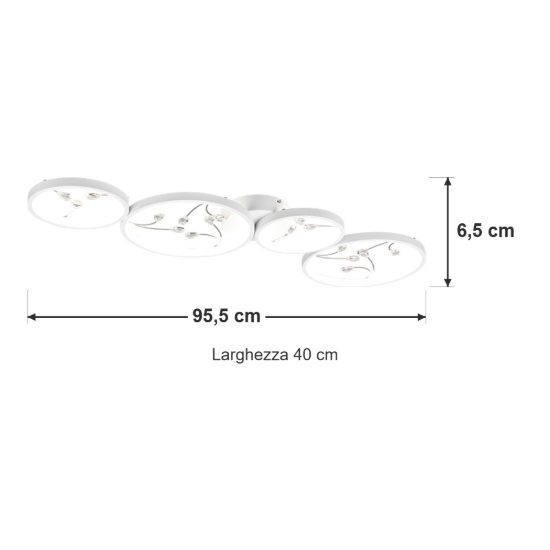 Plafoniera led 37w 4000k per soggiorno moderna a 4 cerchi bianca con decori a gemme trasparenti