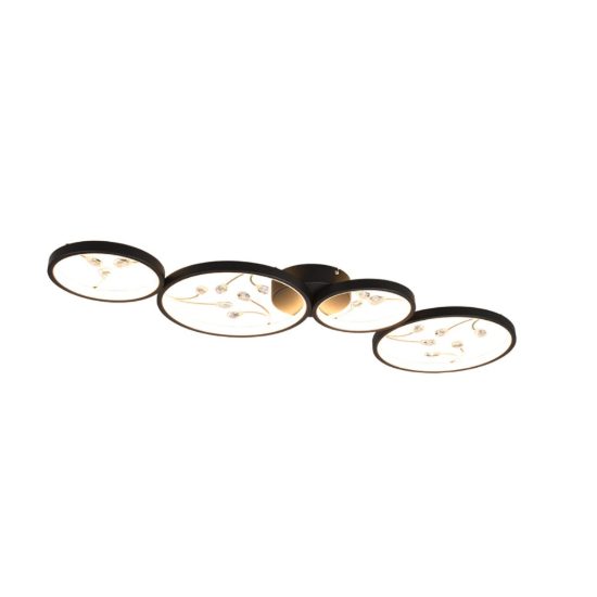 Plafoniera led 37w 3000k per soggiorno moderna a 4 cerchi nera con decori a gemme trasparenti
