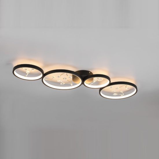 Plafoniera led 37w 3000k per soggiorno moderna a 4 cerchi nera con decori a gemme trasparenti