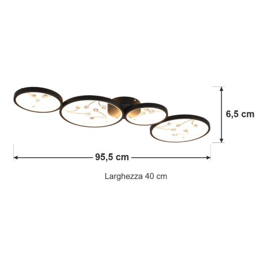 Plafoniera led 37w 3000k per soggiorno moderna a 4 cerchi nera con decori a gemme trasparenti