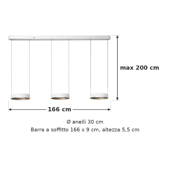 Lampadario con 3 pendenti ad anello per cucina bianco champagne led 55,8w cct 2200k 2700k 3000k