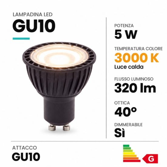 Lampadina gu10 led 5w 3000k spot fascio 40° nera dimmerabile
