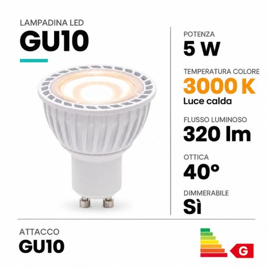 Lampadina gu10 led 5w 3000k spot fascio 40° bianca dimmerabile