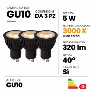 Lampadina gu10 led 5w 3000k spot fascio 40° nera dimmerabile confezione 3 pezzi