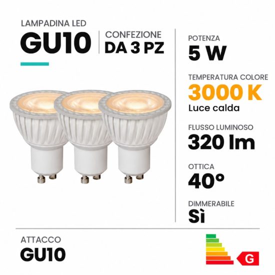 Lampadina gu10 led 5w 3000k spot fascio 40° bianca dimmerabile confezione 3 pezzi