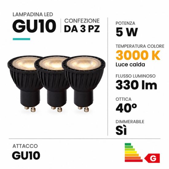 Lampadina gu10 led 5w 3000k spot fascio 40° nera dimmerabile confezione 3 pezzi