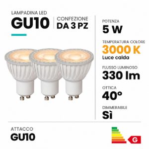 Lampadina gu10 led 5w 3000k spot fascio 40° bianca dimmerabile confezione 3 pezzi