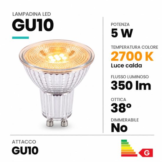 Lampadina gu10 led 5w 2700k spot fascio 38° trasparente