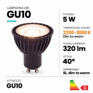 Lampadina gu10 led 5w dim to warm 2200k 3000k spot fascio 40° nera dimmerabile