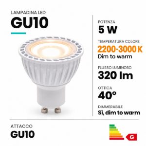 Lampadina gu10 led 5w dim to warm 2200k 3000k spot fascio 40° bianca dimmerabile