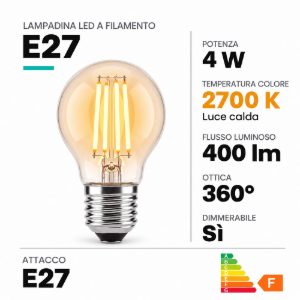 Lampadina e27 led a filamento 4w 2700k a sfera trasparente dimmerabile