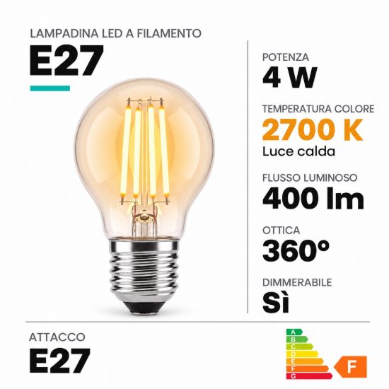 Lampadina e27 led a filamento 4w 2700k a sfera trasparente dimmerabile