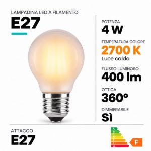 Lampadina e27 led a filamento 4w 2700k a sfera satinata dimmerabile