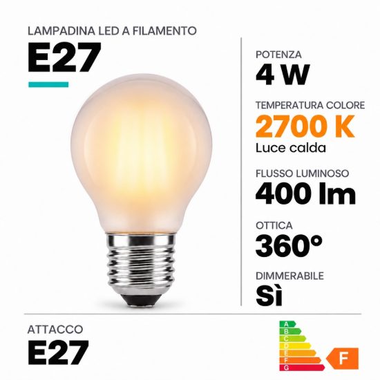 Lampadina e27 led a filamento 4w 2700k a sfera satinata dimmerabile