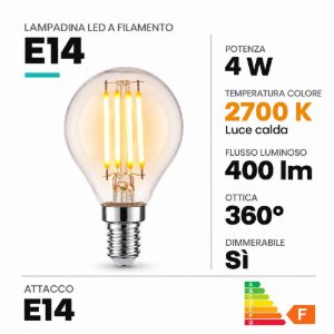 Lampadina e14 led a filamento 4w 2700k a sfera trasparente dimmerabile