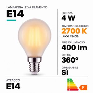 Lampadina e14 led a filamento 4w 2700k a sfera satinata dimmerabile