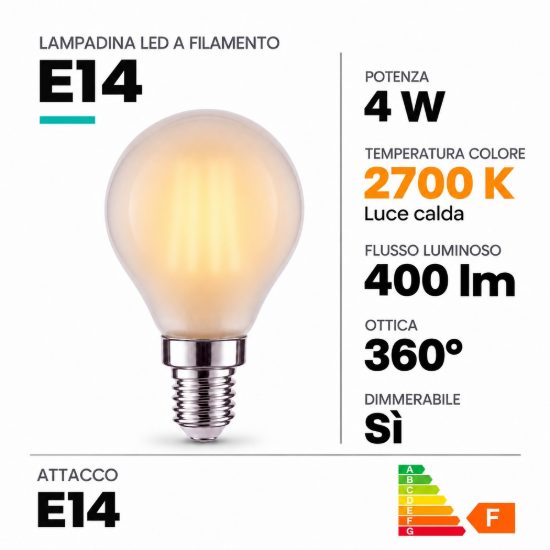Lampadina e14 led a filamento 4w 2700k a sfera satinata dimmerabile