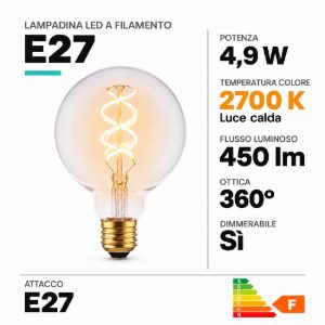 Lampadina e27 led a filamento 4,9w 2700k a globo 9,5cm trasparente dimmerabile
