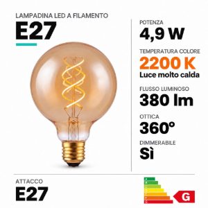 Lampadina e27 led a filamento 4,9w 2200k a globo 9,5cm ambra dimmerabile