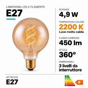 Lampadina e27 led a filamento 4,9w 2200k a globo 9,5cm ambra dimmerabile con interruttore
