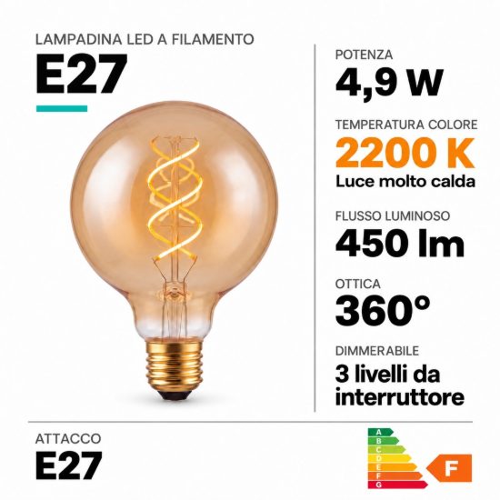 Lampadina e27 led a filamento 4,9w 2200k a globo 9,5cm ambra dimmerabile con interruttore