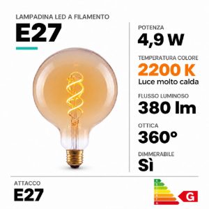 Lampadina e27 led a filamento 4,9w 2200k a globo 12,5cm ambra dimmerabile