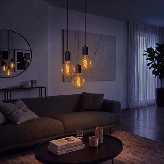Lampadina e27 led a filamento 4,9w 2200k a globo 12,5cm ambra dimmerabile