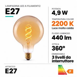Lampadina e27 led a filamento 4,9w 2200k a globo 12,5cm ambra dimmerabile con interruttore