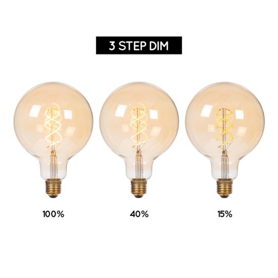 Lampadina e27 led a filamento 4,9w 2200k a globo 12,5cm ambra dimmerabile con interruttore