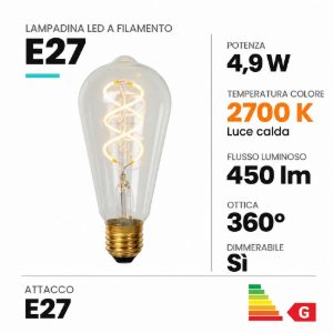 Lampadina e27 led a filamento 4,9w 2700k edison trasparente dimmerabile