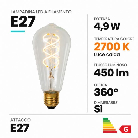 Lampadina e27 led a filamento 4,9w 2700k edison trasparente dimmerabile