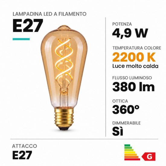 Lampadina e27 led a filamento 4,9w 2200k edison ambra dimmerabile
