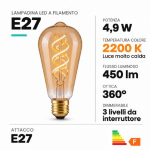 Lampadina e27 led a filamento 4,9w 2200k edison ambra dimmerabile con interruttore